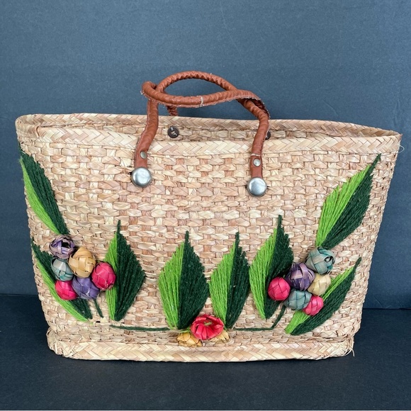 Vintage Rattan Large Beach Bag Woven Utility Grocery Reusable Book Bag Travel - Picture 1 of 10